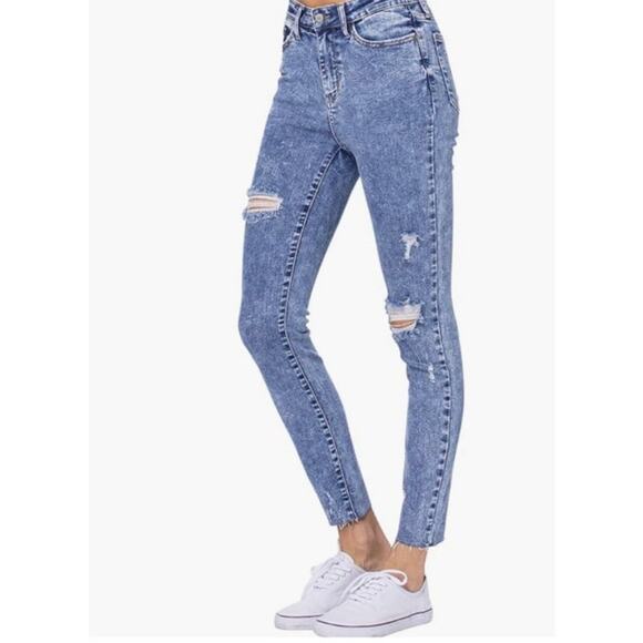 Judy Blue Jeans 5/27 High Rise Skinny Fit Acid Wash Distressed Raw Hem Festival - Picture 1 of 8